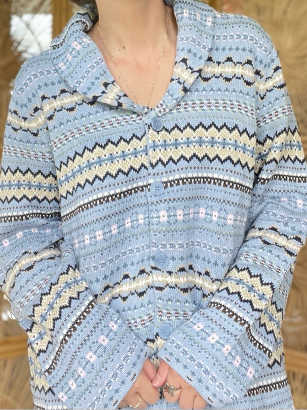 Denim & Co. Light Blue Multicolor Fair Isle Shawl Collar Knit Cardigan Sweater L